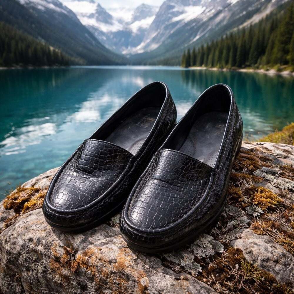 SAS Women's Hope Loafers Black Snakeskin Embossed Leather Slip On Shoes